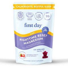 FIRST DAY Kids Magnesium Citrate Gummies bottle on nightstand for a calm bedtime routine.