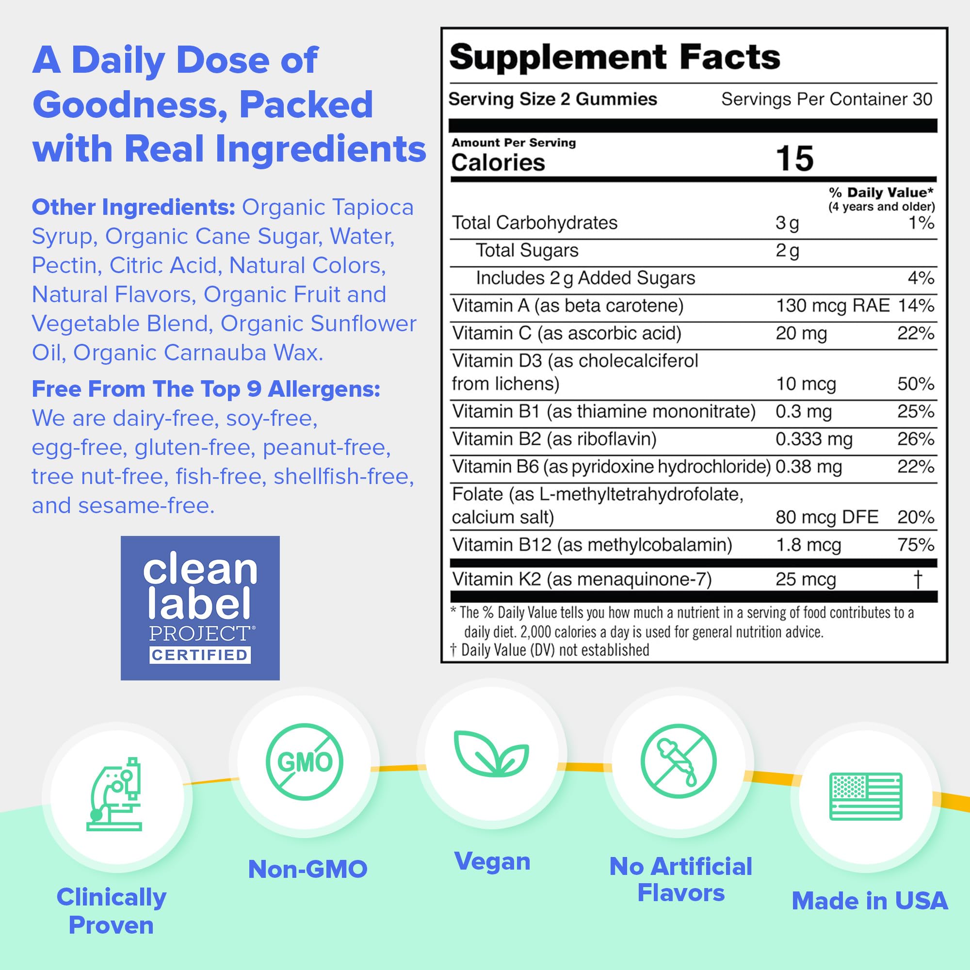 Illustration highlighting organic fruits and vegetables in First Day Multivitamin Gummies
