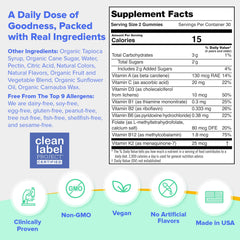 Illustration highlighting organic fruits and vegetables in First Day Multivitamin Gummies