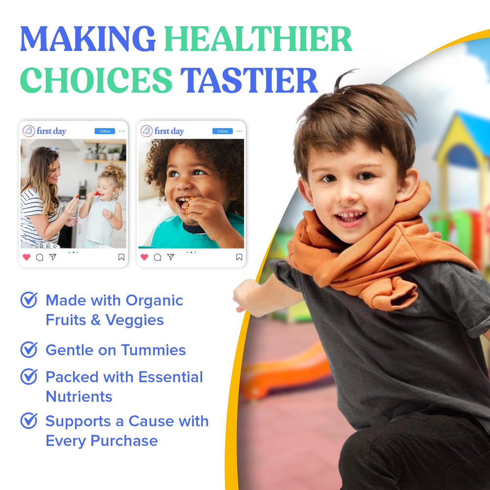 Nutrition facts and vitamin list for First Day Kids Multivitamin Gummies