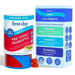 First Day Teens 3in1 probiotic gummies bottle promotes convenient daily gut support.