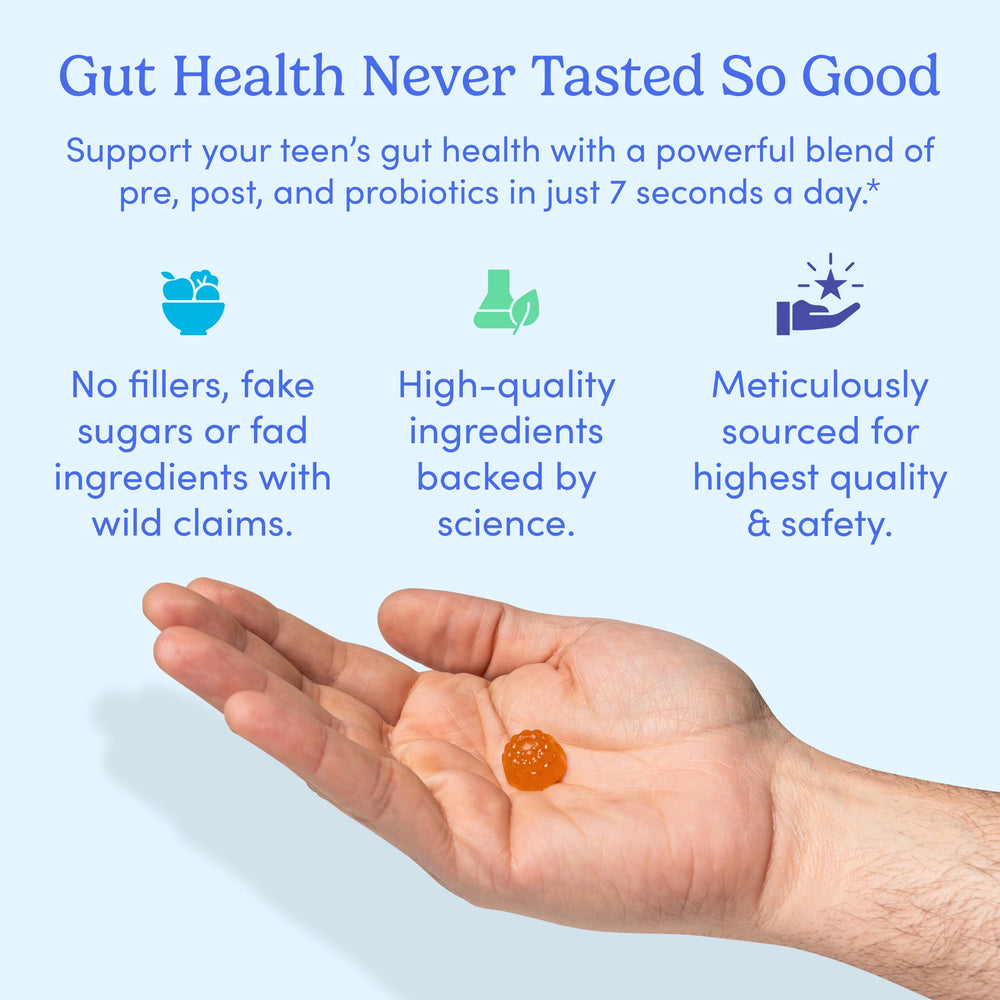 First Day Teens florasmart-postbiotic closeup emphasizes clinically studied postbiotic support.
