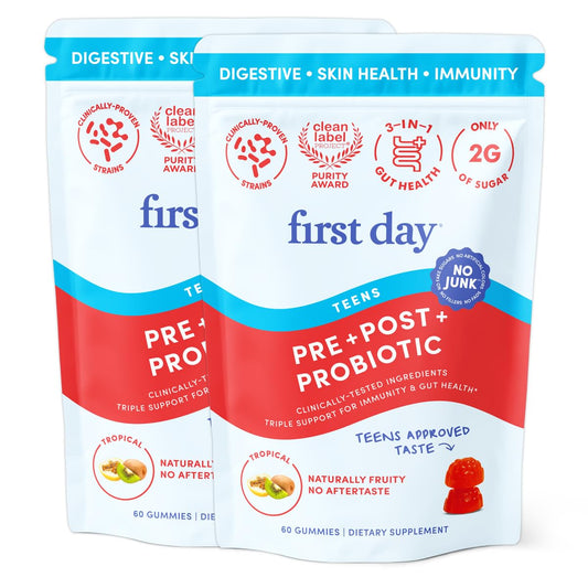 Product bottle of FIRST DAY Teens' Gut Sustainer Tribiotic Gummies – 60-day supply