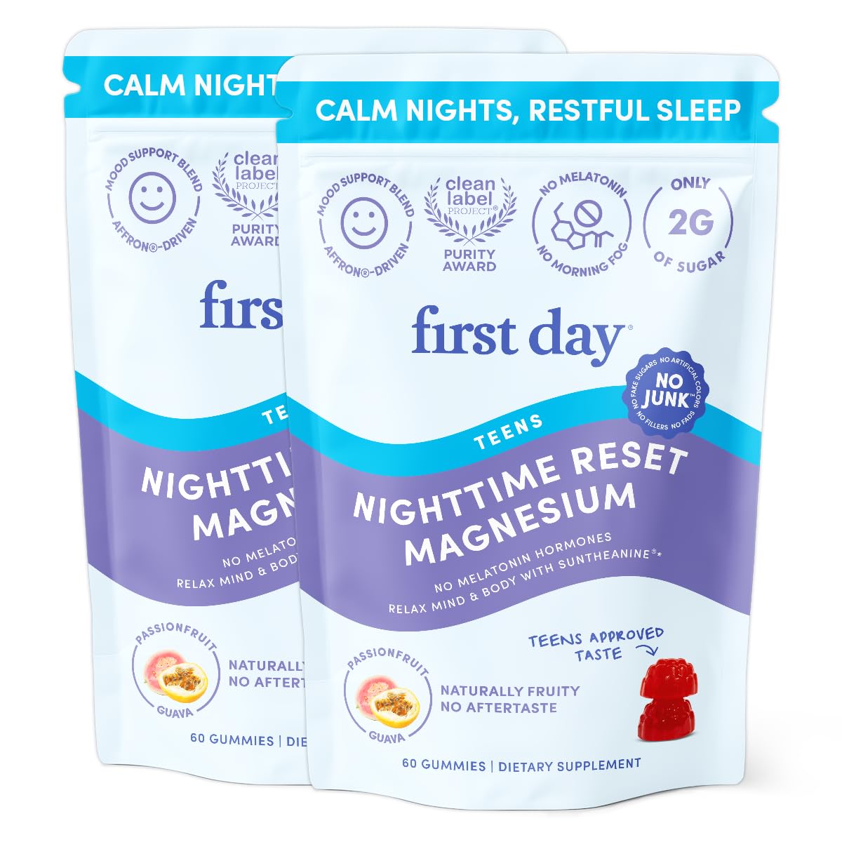Front view of First Day Teens’ Nighttime Reset Magnesium Gummies package