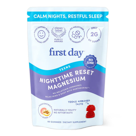 Front view of First Day Teens Nighttime Reset Magnesium Gummies bottle