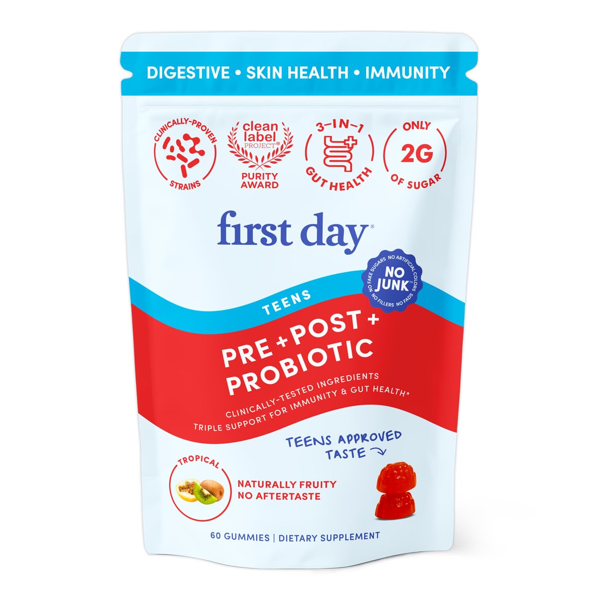 First Day Teens Tribiotic Gummies bottle and packaging
