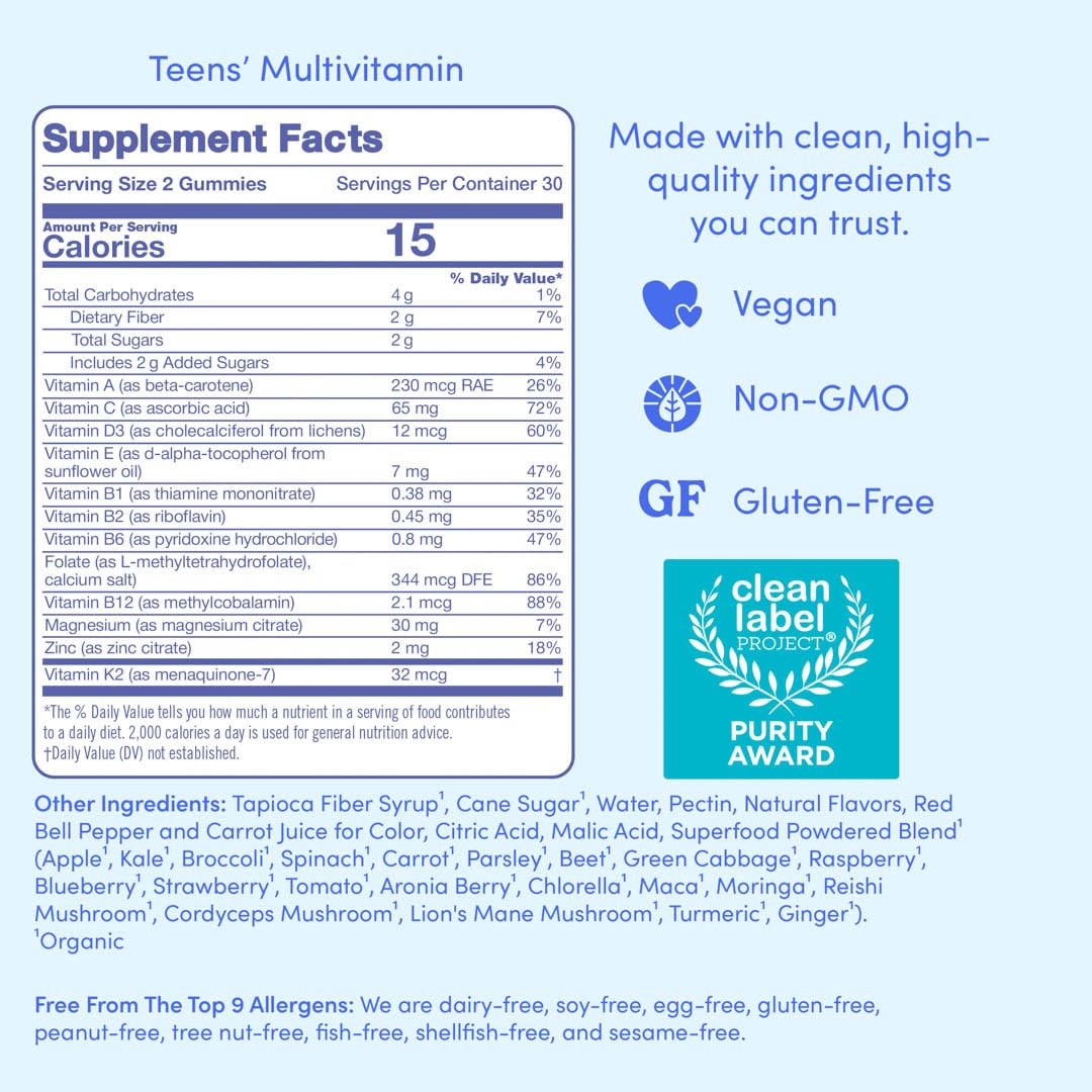 Label showing a 30-day supply of teen vitamins