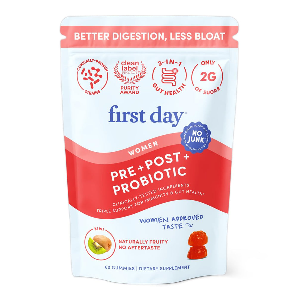 Bottle of FIRST DAY Women’s Good Gut Tribiotic Gummies on a white background