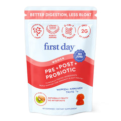 Bottle of FIRST DAY Women’s Good Gut Tribiotic Gummies on a white background