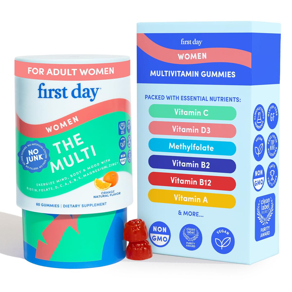 First Day Women's Multivitamin Gummies bottle featuring apple and blueberry illustration