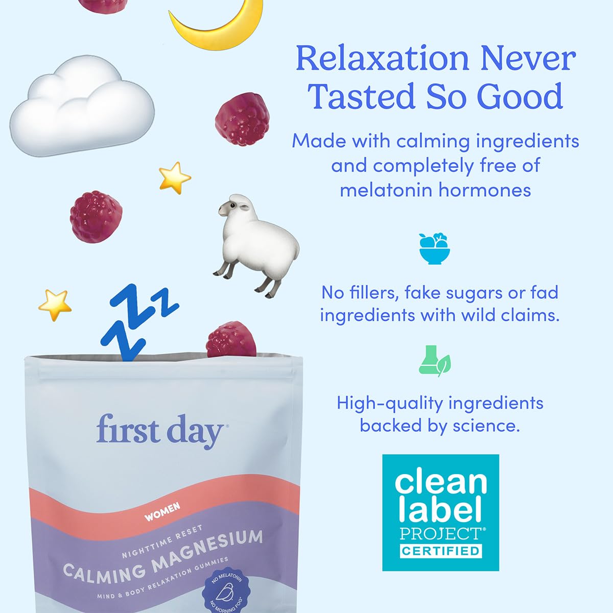 First Day Nighttime Reset vegan symbol indicates dairy-free and plant-based gummies.