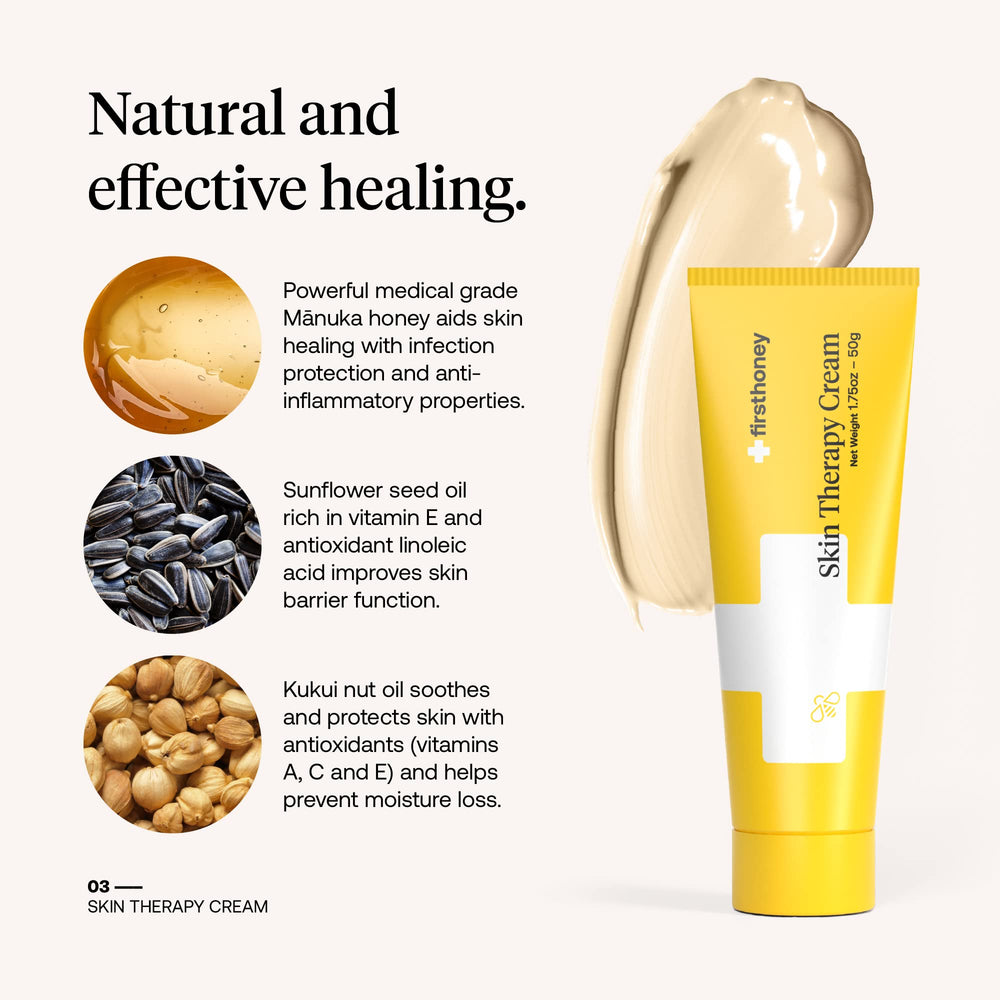 FIRST HONEY Manuka cream label detail emphasizes natural ingredients and MGO-rich honey.
