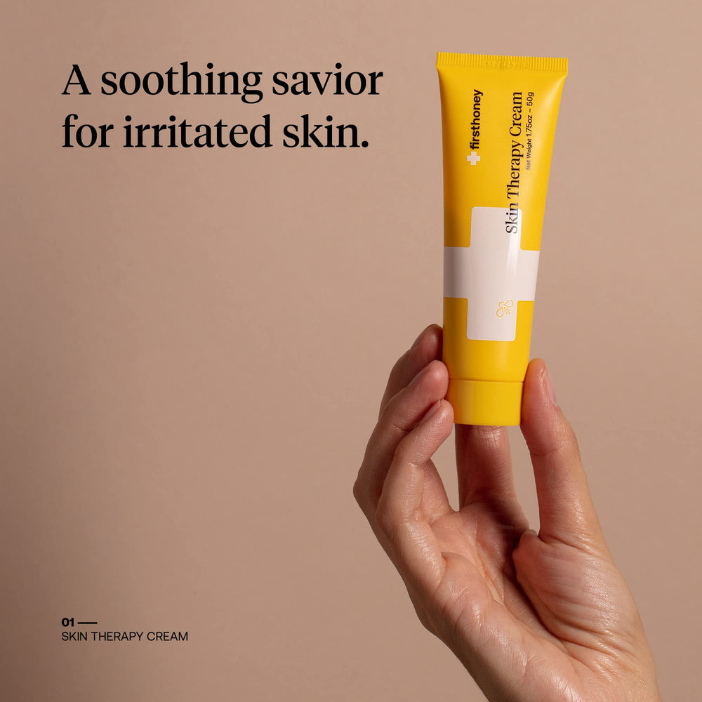 FIRST HONEY Manuka cream texture close-up highlights creamy emollient for irritated skin.