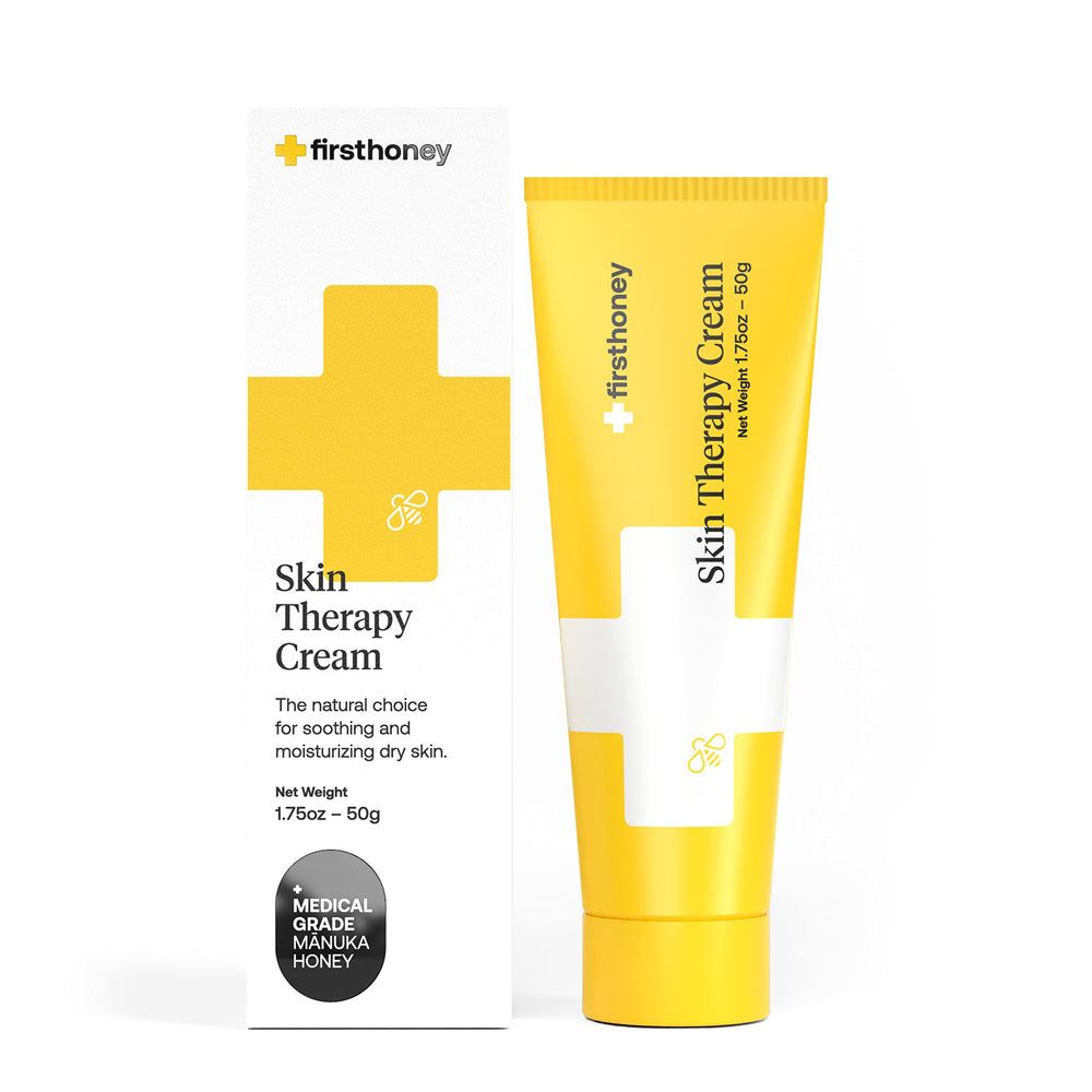 FIRST HONEY Manuka cream tube showcases compact packaging for everyday soothing of dry skin.