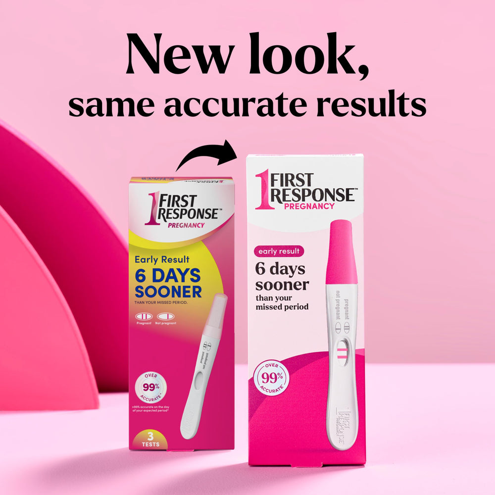 Back view of FIRST RESPONSE 3-count pregnancy test pack