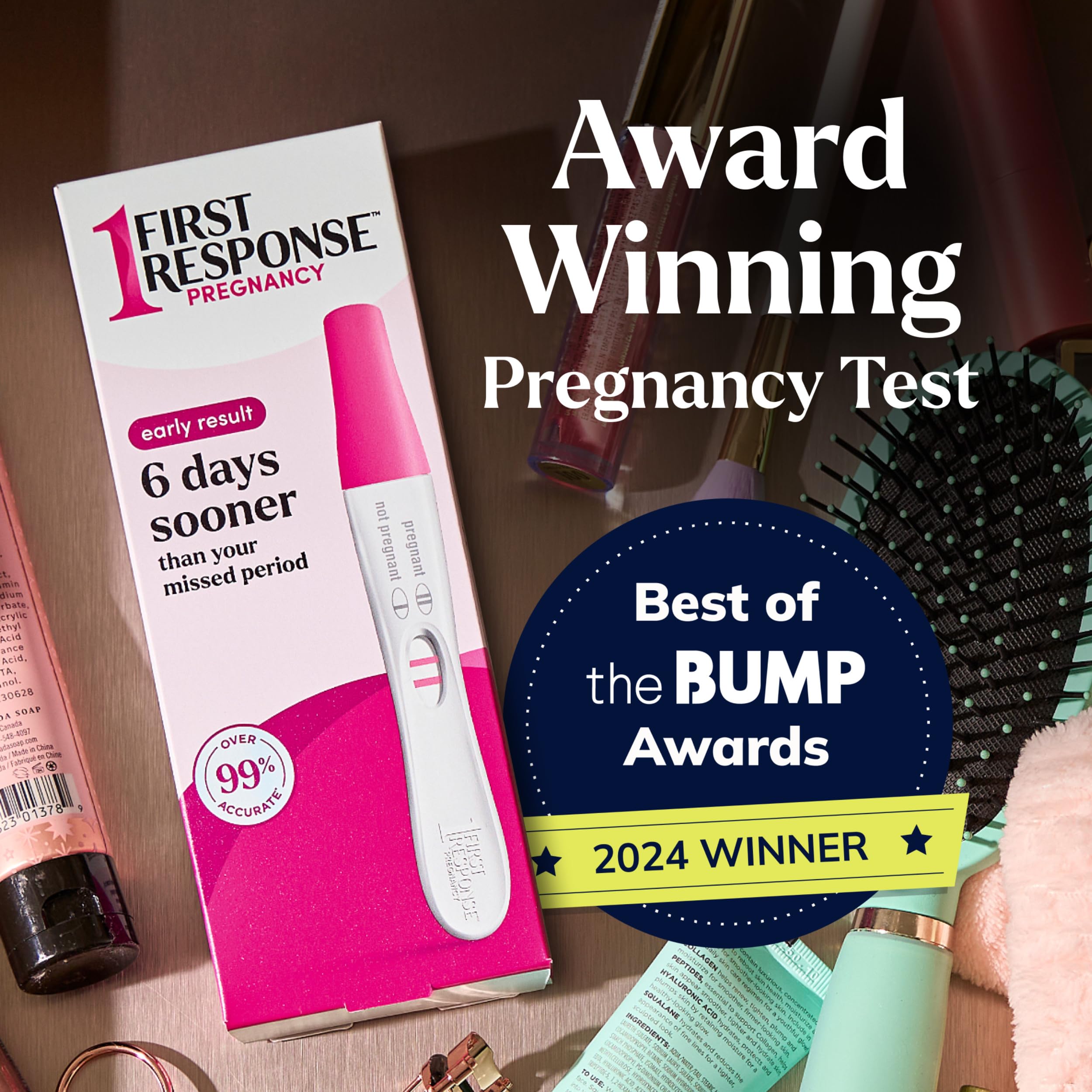 Side view of the FIRST RESPONSE 3-count pregnancy test pack