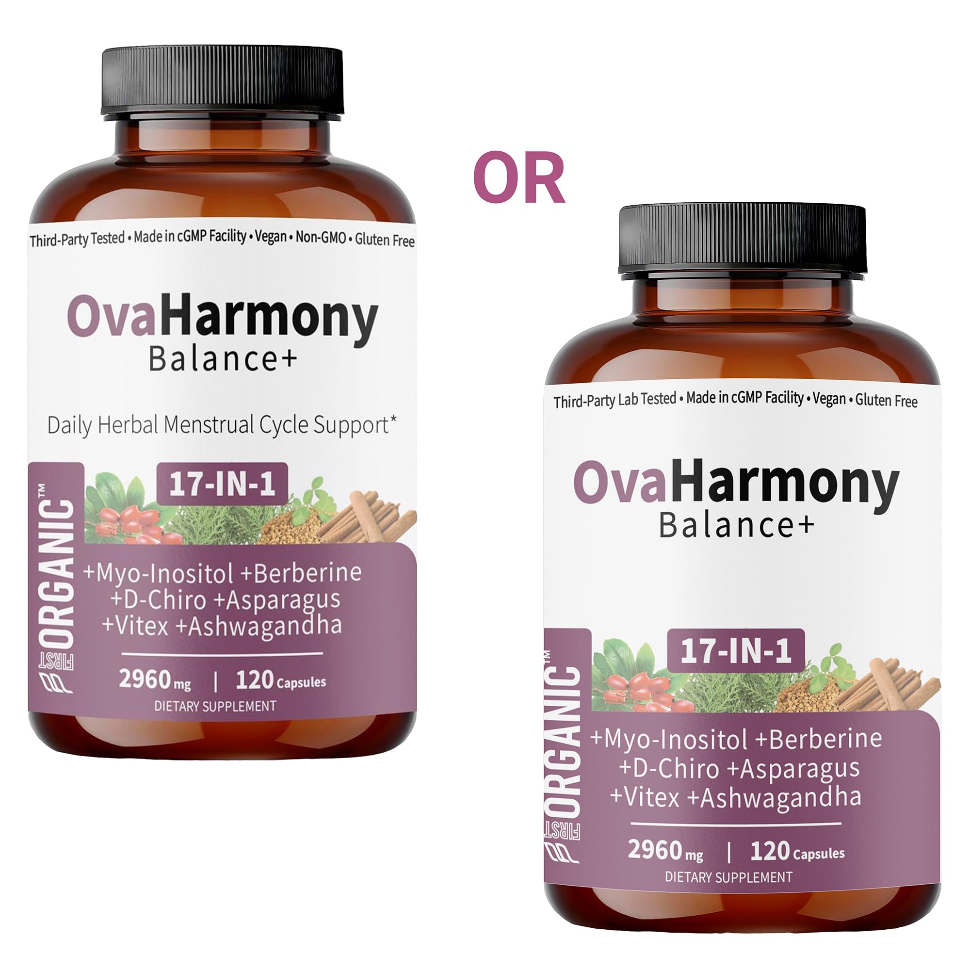 Close-up view of OvaHarmony Balance+ 2960mg bottle with capsules