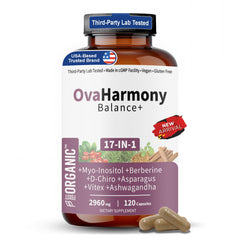 Front-facing hero image of FIRSTORGANIC OvaHarmony Balance+ 2960mg bottle