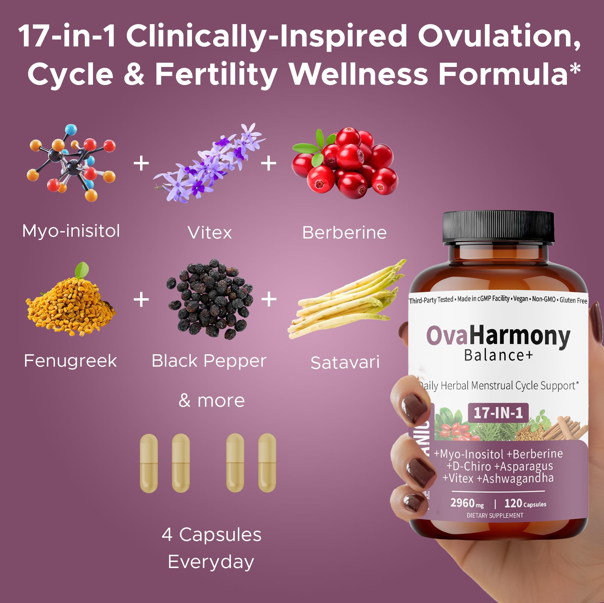 Label highlighting vegan, non-GMO, gluten-free attributes of OvaHarmony Balance+