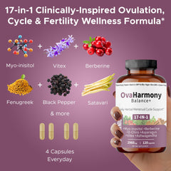 Label highlighting vegan, non-GMO, gluten-free attributes of OvaHarmony Balance+