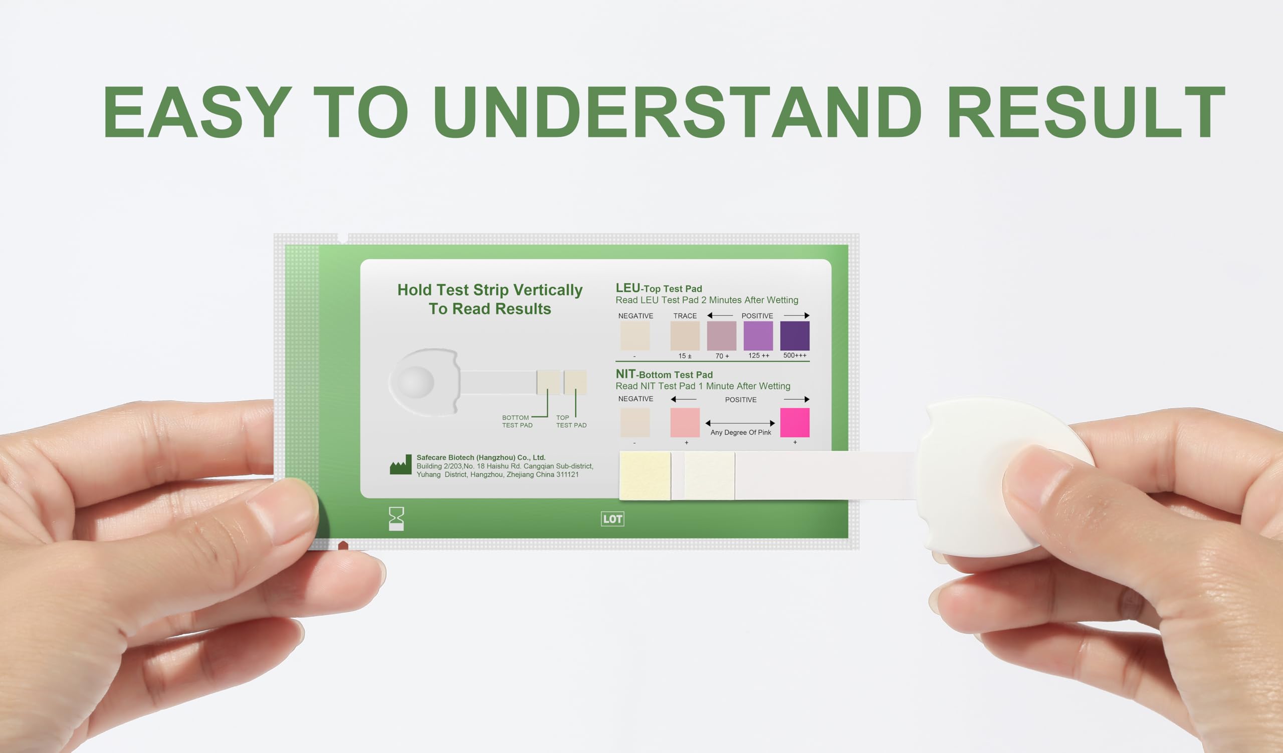 Test strip showing 2-minute color result reading