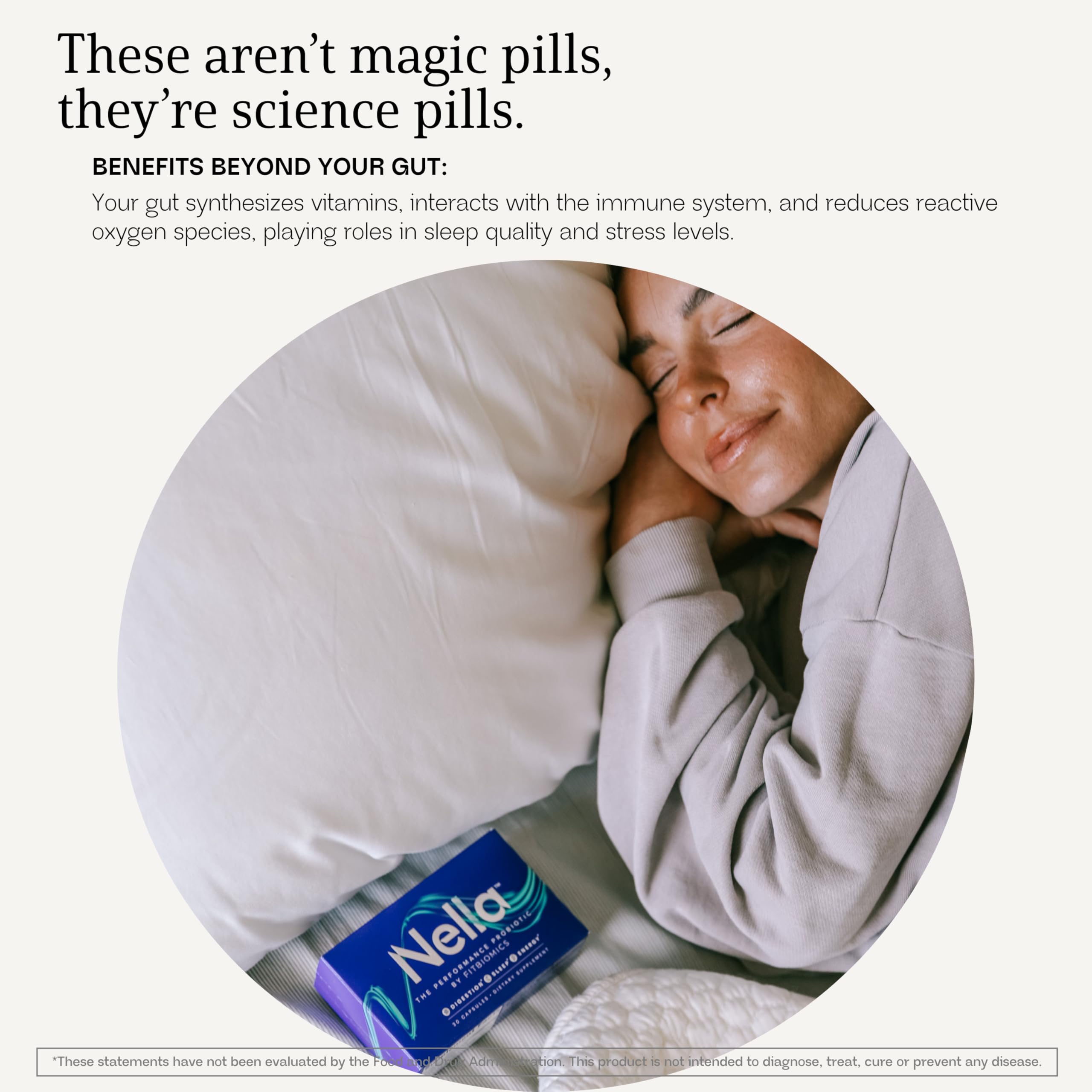 FITBIOMICS Nella digestive health scene shows convenient daily capsule use.