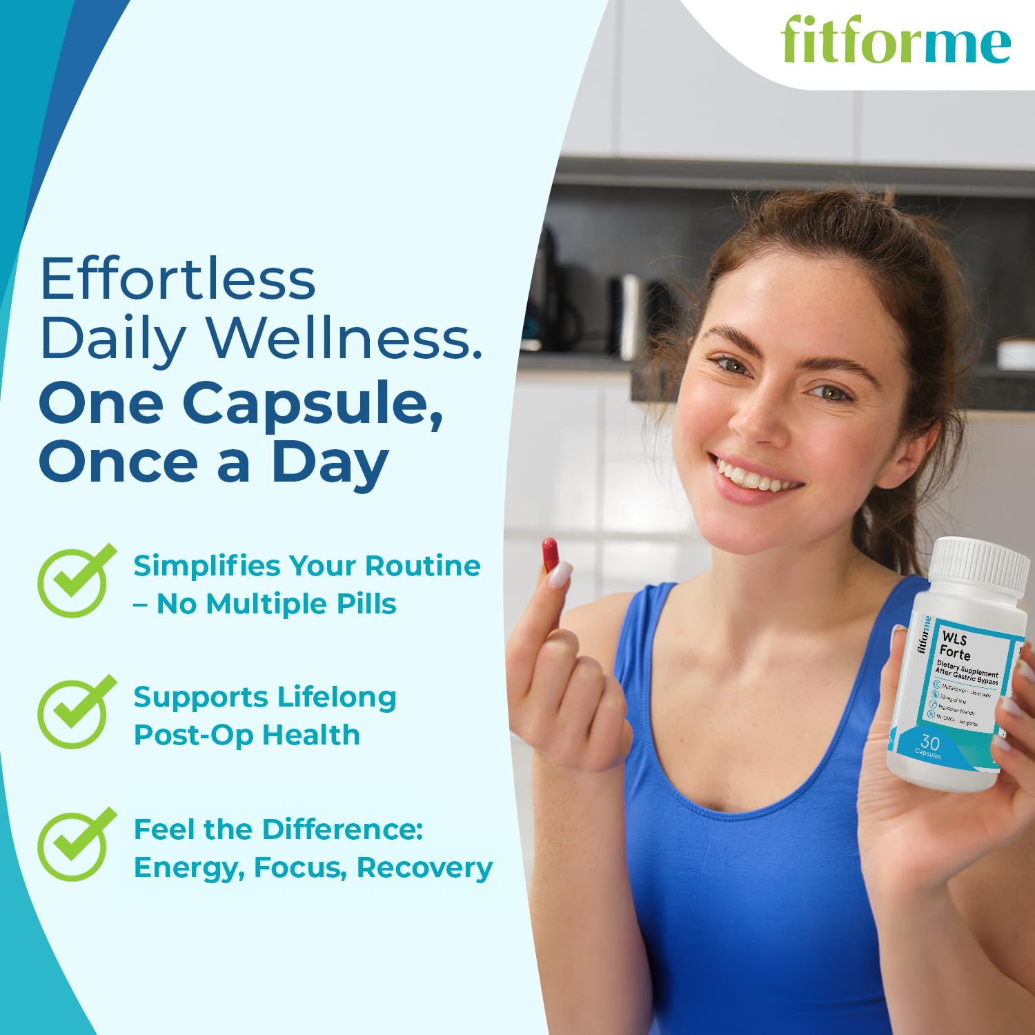 Bottle of FitForMe WLS Forte vitamins on white background