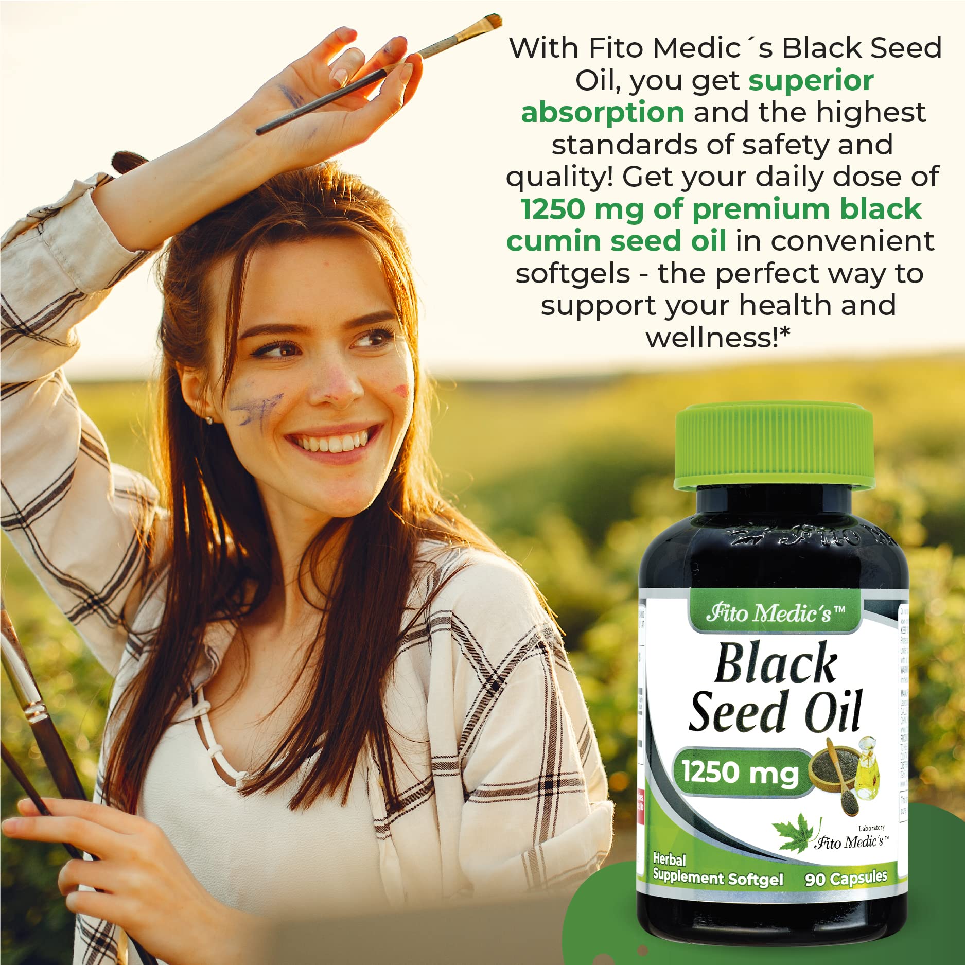 Close-up of 1250 mg Black Seed Oil softgels capsules
