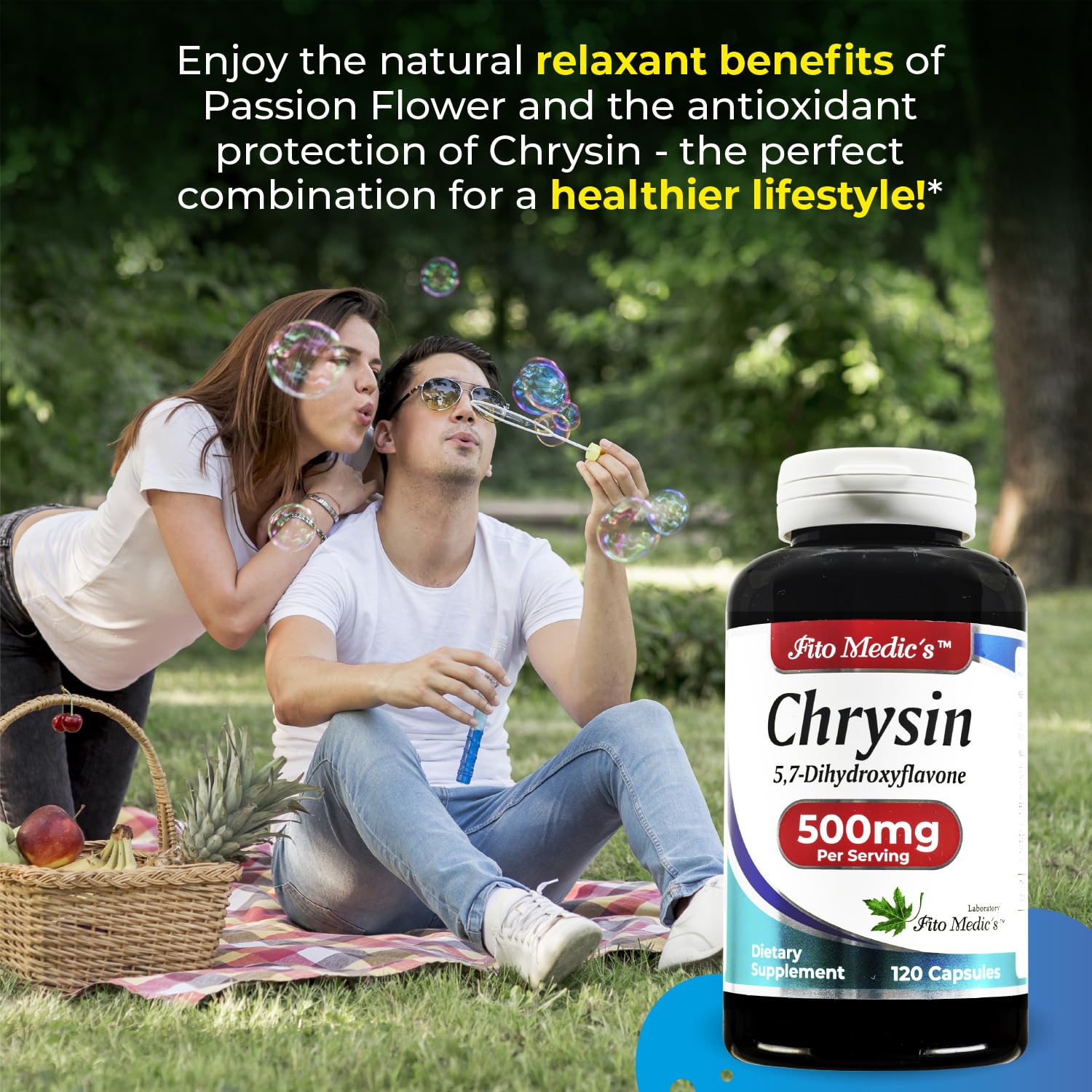 Close-up of Chrysin 500mg with Passion Flower capsules