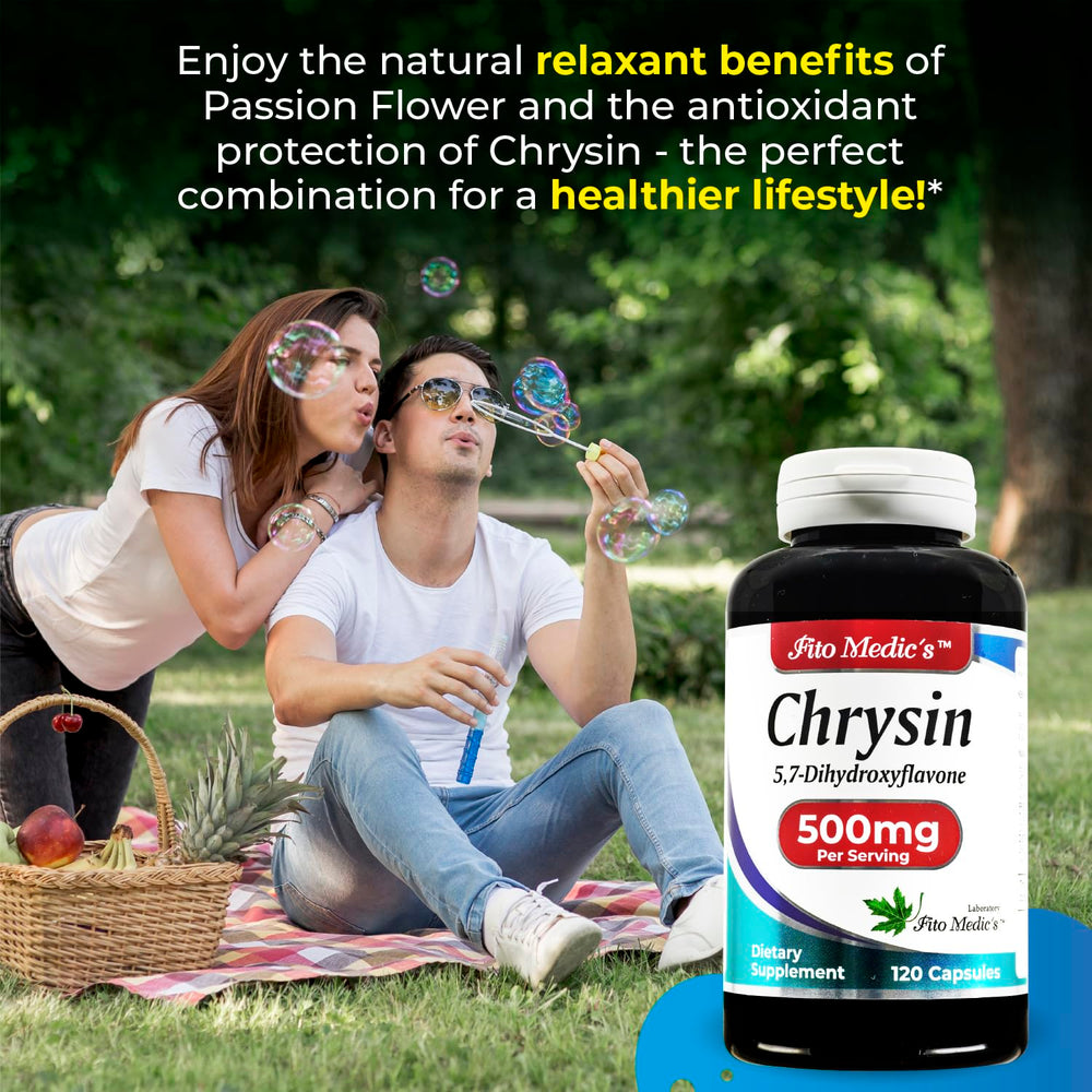Close-up of Chrysin 500mg with Passion Flower capsules