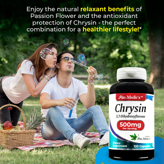 Close-up of Chrysin 500mg with Passion Flower capsules