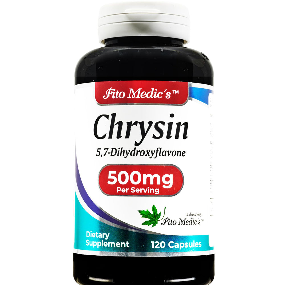Bottle label showing Chrysin 500mg and 120 capsules