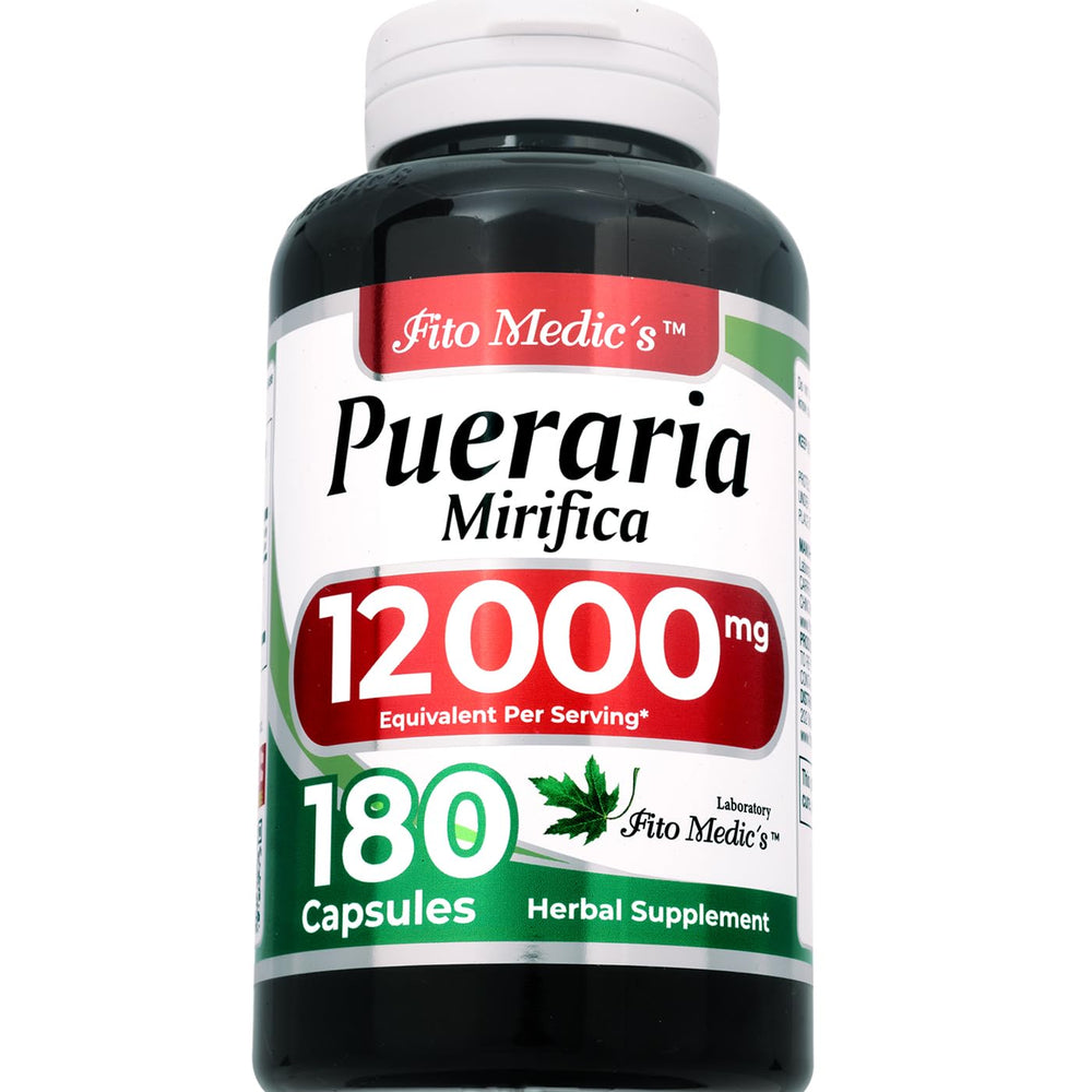 Close-up of bottle label showing Pueraria Mirifica 180 capsules