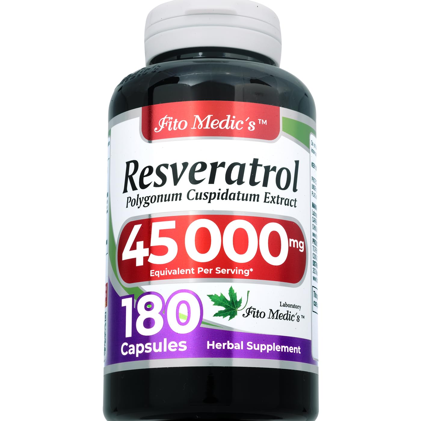 Close-up of FITO MEDIC'S Lab Resveratrol bottle label