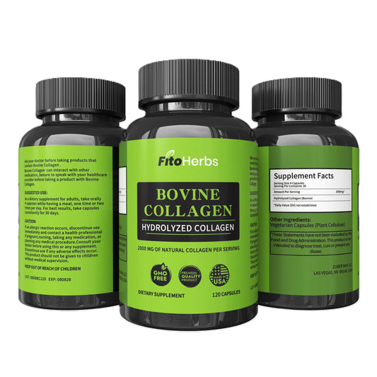 Close-up of hydrolyzed bovine collagen capsules