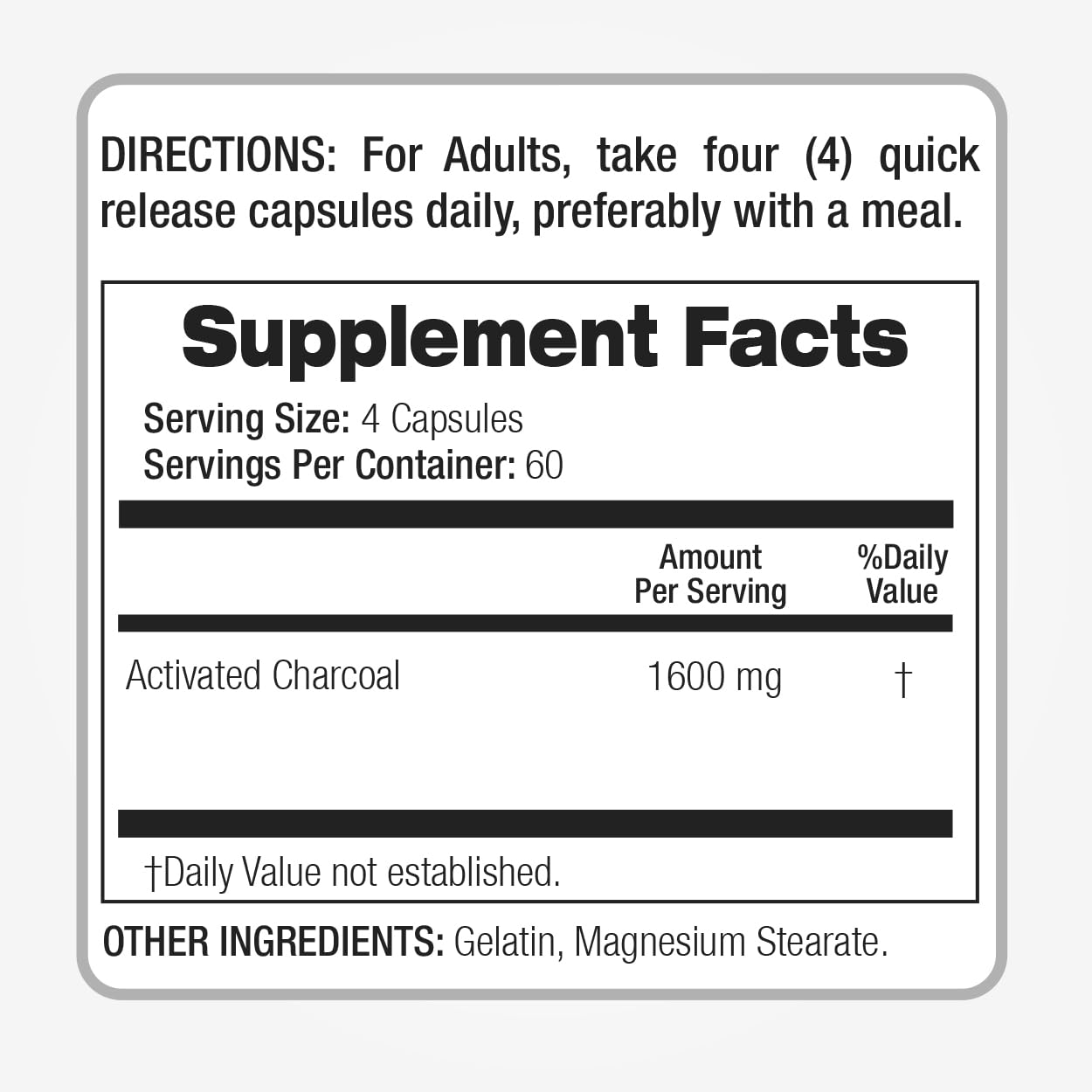 Front view of FITO MEDIC'S Activated Charcoal Pills bottle
