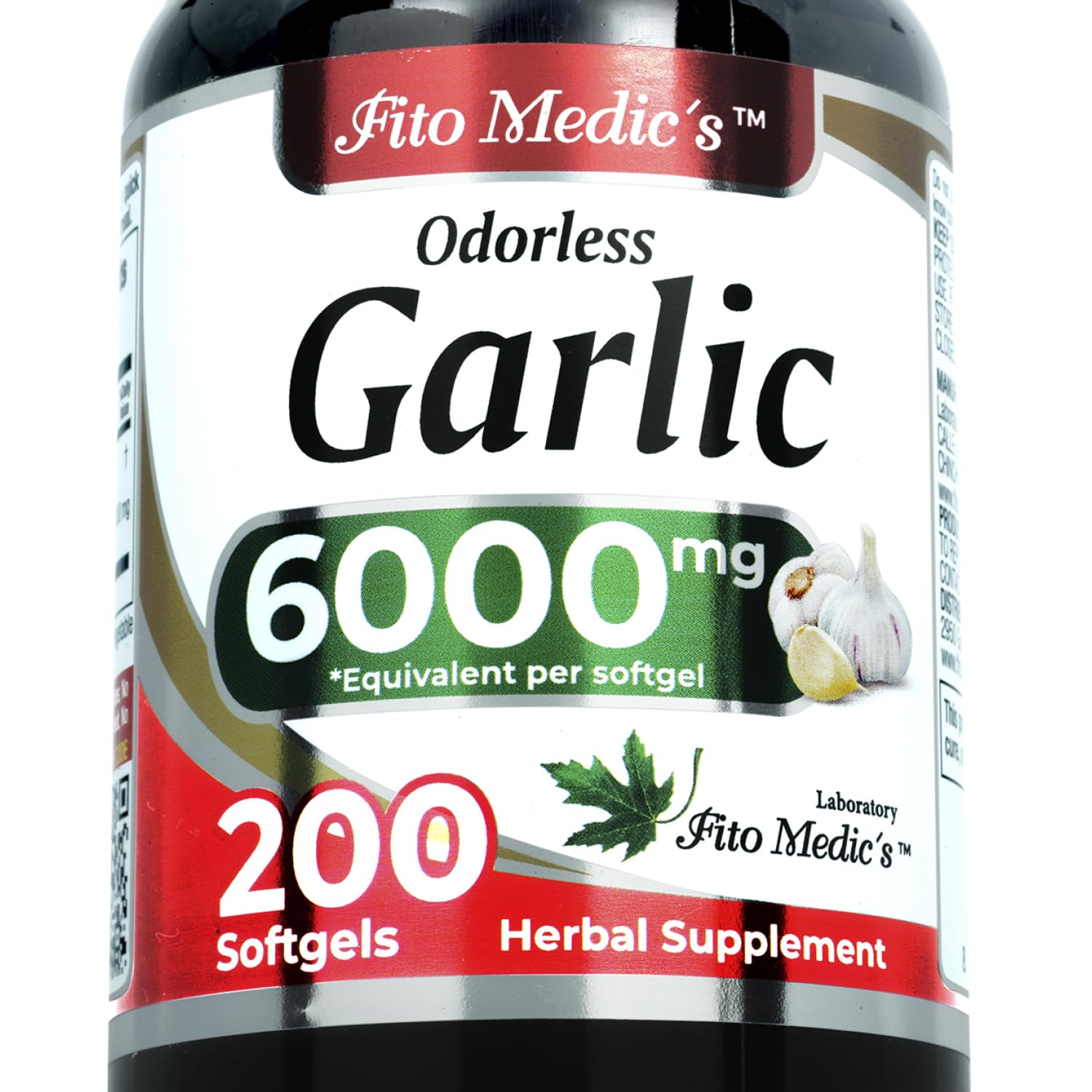 Front view of FITO MEDIC'S Lab Garlic Supplements bottle with 200 softgels