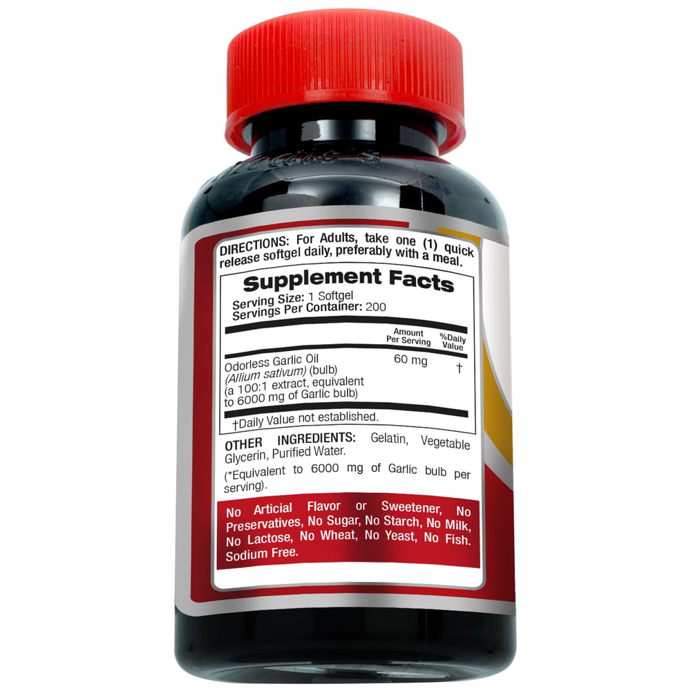 Garlic supplement bottle label showcasing odorless garlic