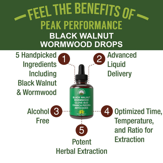 Visual of five cleansing ingredients: Black Walnut Hull, Wormwood, Clove, Artichoke, Chanca Piedra