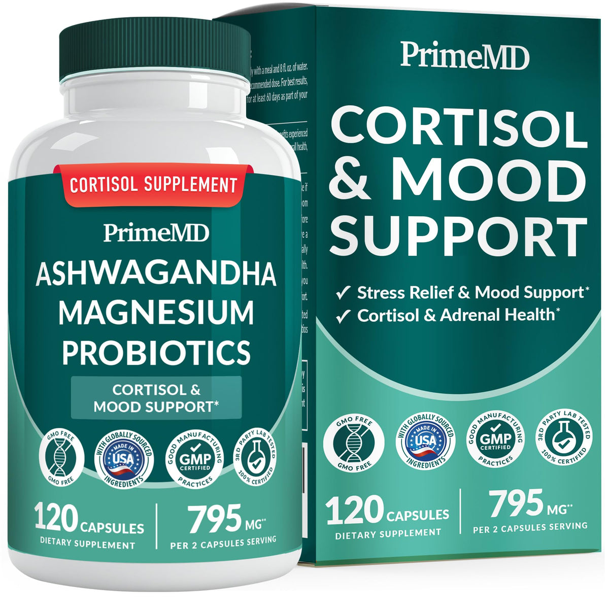 Front view of the five-in-one cortisol supplement bottle featuring Ashwagandha and magnesium