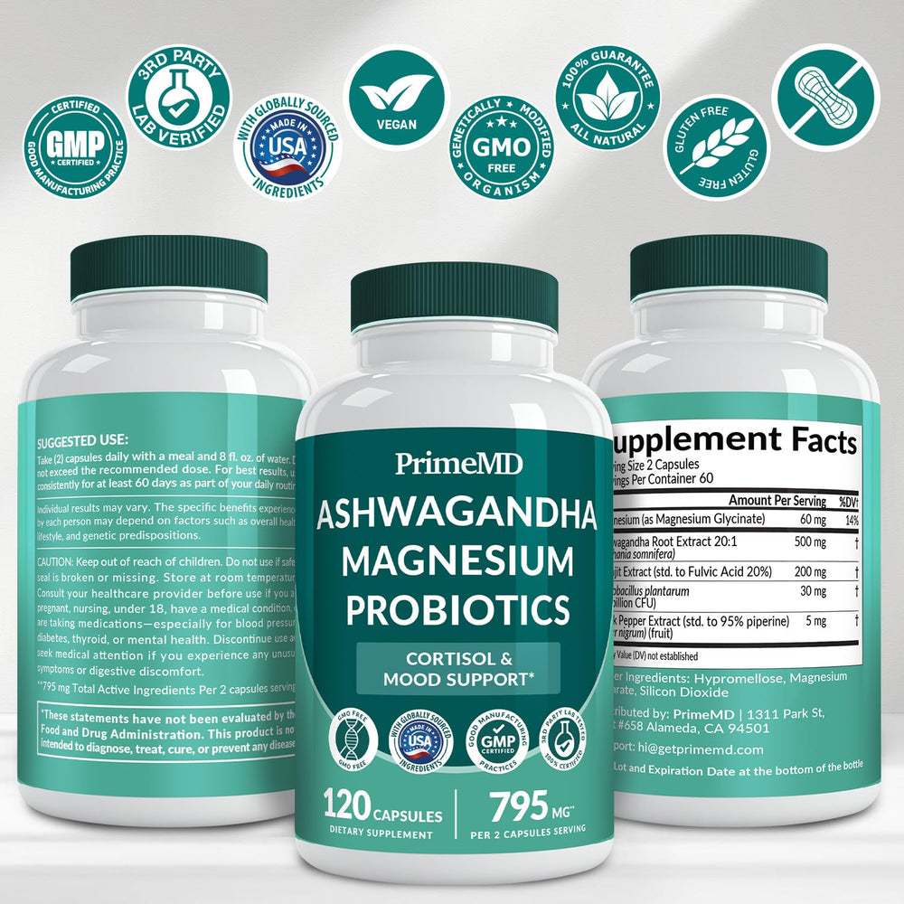 Close-up of ashwagandha and probiotics in the cortisol supplement