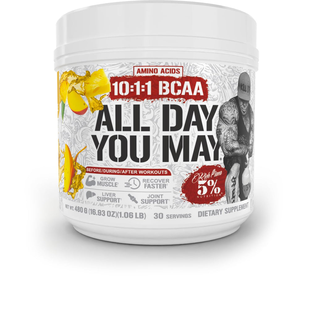 Five Percent Nutrition Rich Piana ADYM bottle showing complete amino acid matrix for training support.
