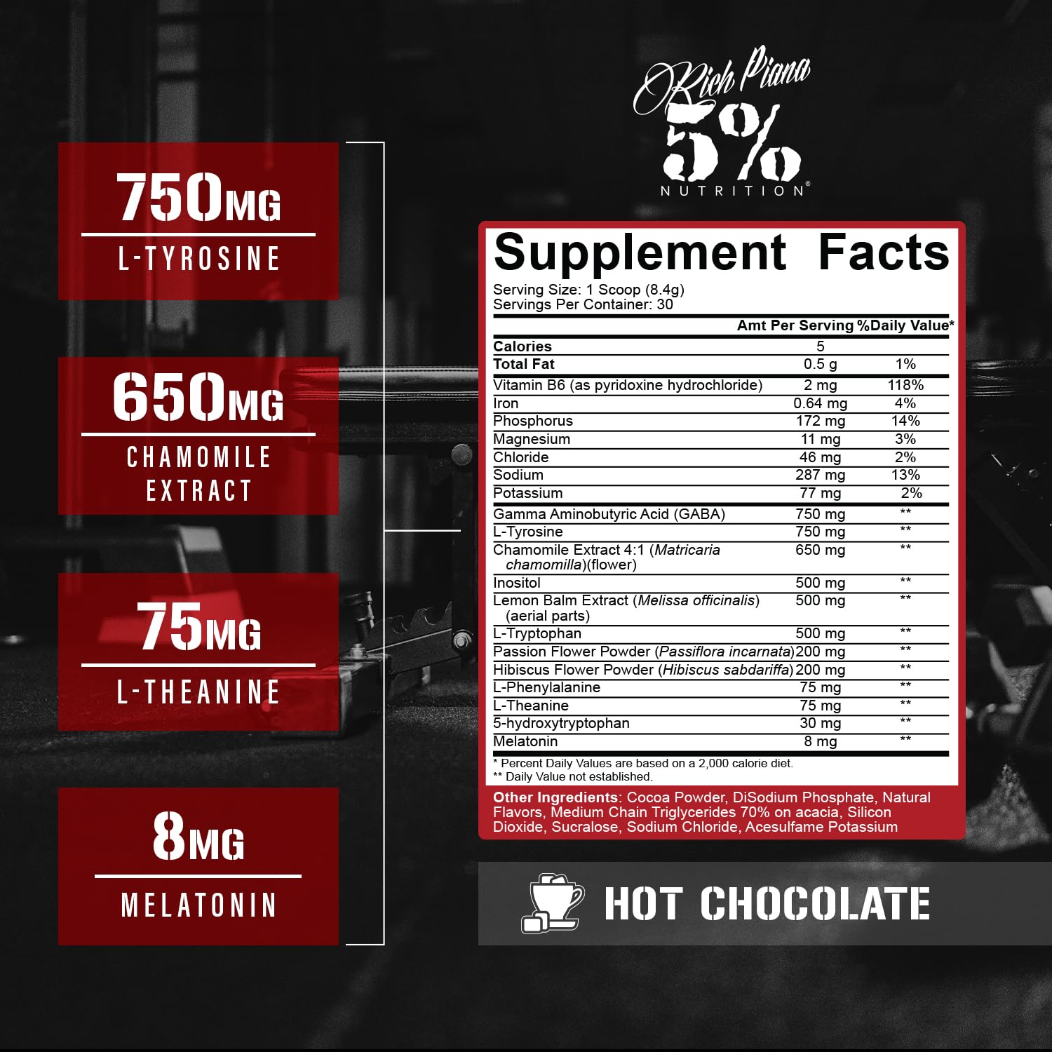 5% Nutrition Rich Piana Knocked Out label close-up shows ingredients for informed choice