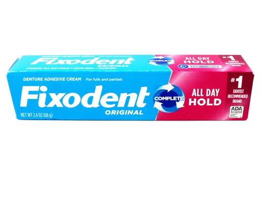 Fixodent Original 2.4 oz denture adhesive tube with packaging - side angle