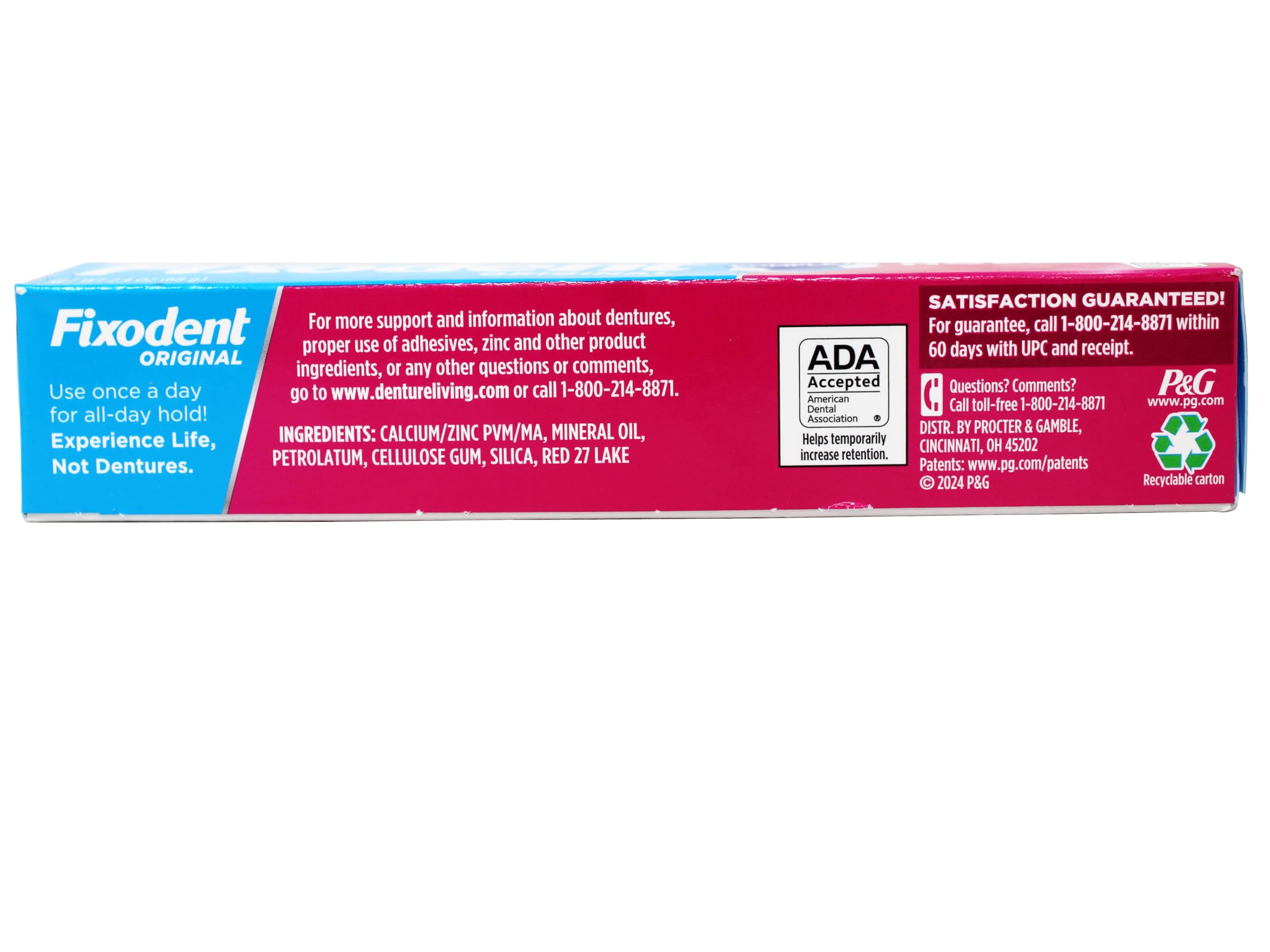 Back of packaging showing Original formula - Fixodent 2.4 oz