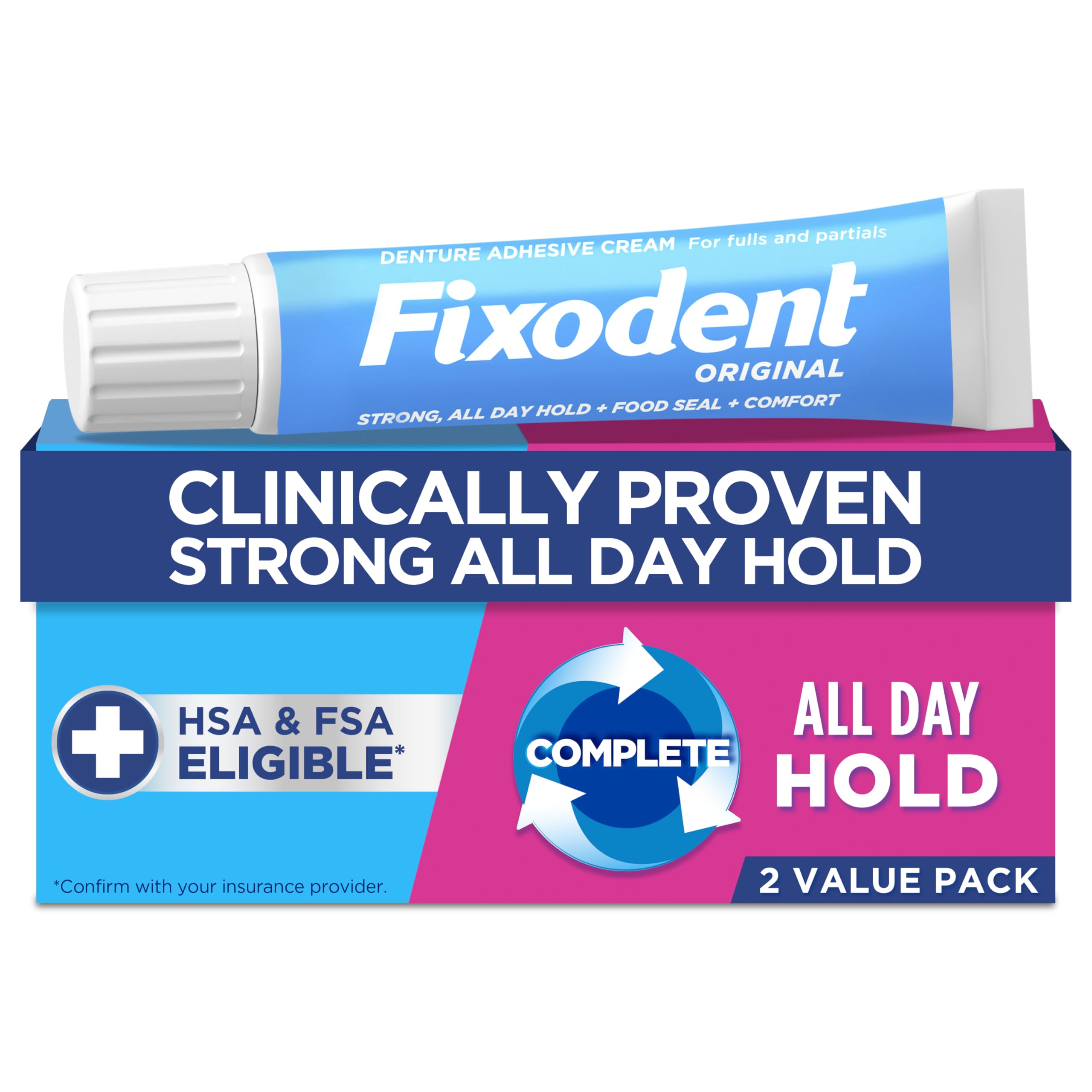 Front view of Fixodent Complete Original denture adhesive cream 2.4 oz tube pack of 2
