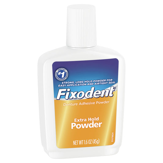 Close-up of Fixodent Extra Hold powder container