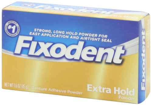 Applying Fixodent Extra Hold Powder to dentures - 1.6 oz packaging