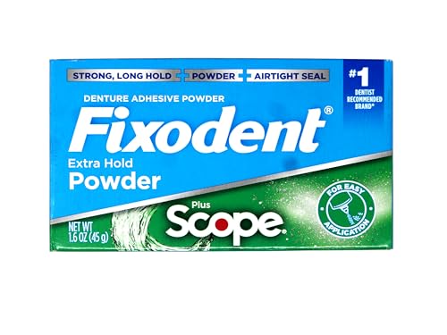 Back view of Fixodent Scope powder packaging showing 1.6 oz per pack