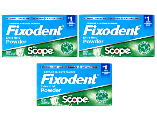 Front view of Fixodent Extra Strong Denture Adhesive Powder with Scope Pack of 3